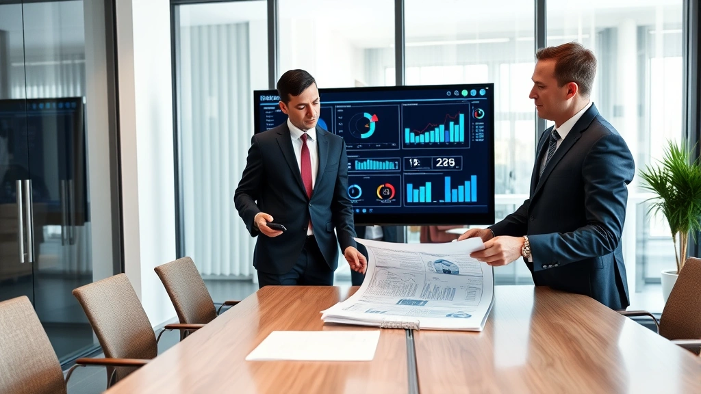Executive sales professional reviewing comprehensive proposal document with corporate client in modern conference room, both examining detailed analytics on large display screen