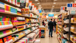 Professional craft supplies organized neatly on store shelves with colorful price tags and promotional signage, warm retail lighting, customers browsing in background, photorealistic commercial environment