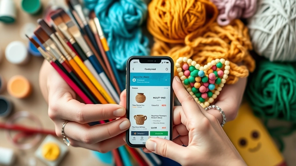 Close-up of hands holding colorful craft materials including paints, brushes, yarn, and beads with a smartphone displaying a sales app, natural lighting highlighting product textures and details