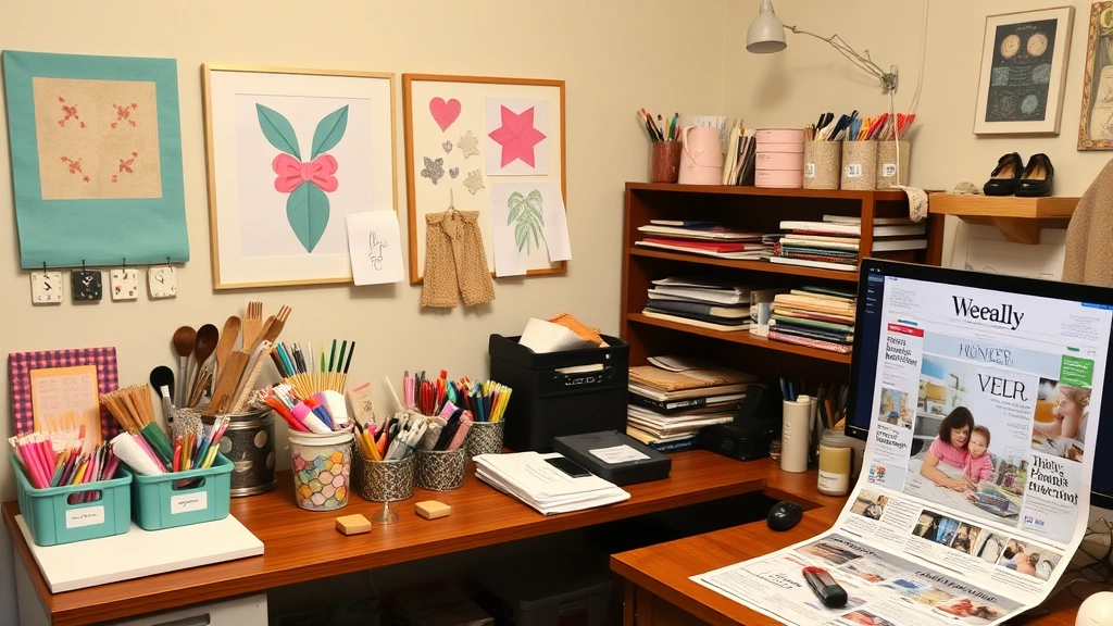 Organized home craft workspace with completed DIY projects displayed, craft supplies in labeled containers, weekly advertisement circular on desk next to computer showing current deals, cozy home setting