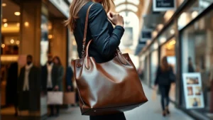 Professional woman holding a luxury hobo bag in soft leather, standing in upscale shopping district, natural lighting, confident pose, premium fashion photography