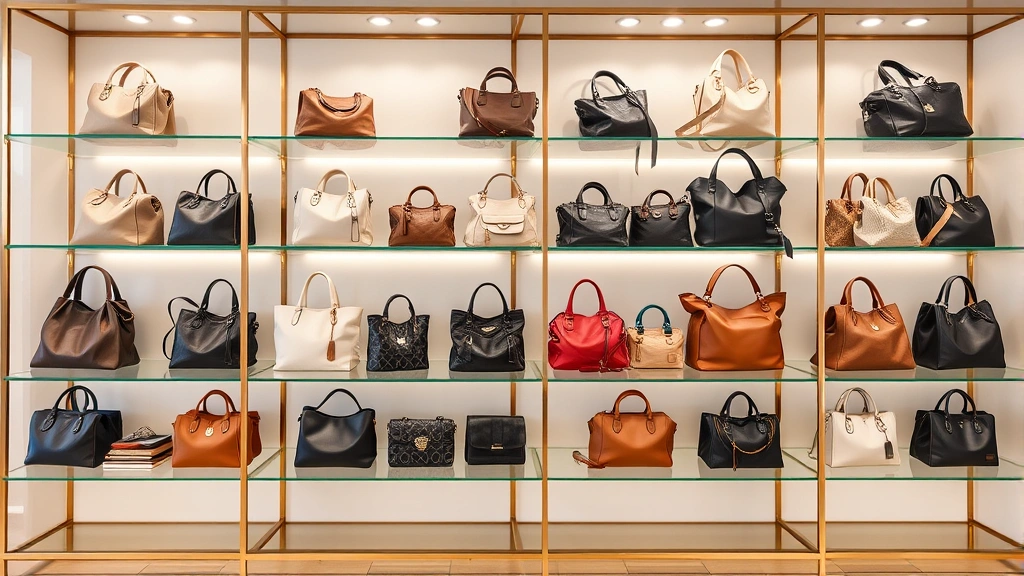 Organized luxury handbag collection displayed on elegant shelving, various hobo styles in neutral and statement colors, professional retail styling, clean background