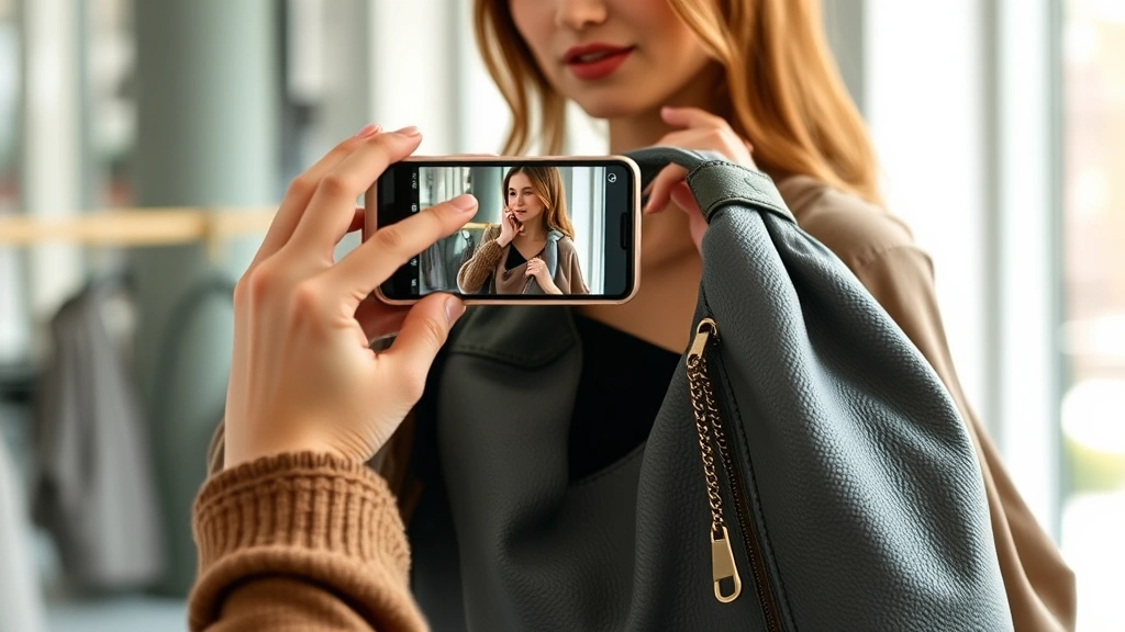 Fashion blogger photographing hobo bag details with smartphone, showing craftsmanship and quality, natural studio lighting, close-up product photography, modern commerce setting