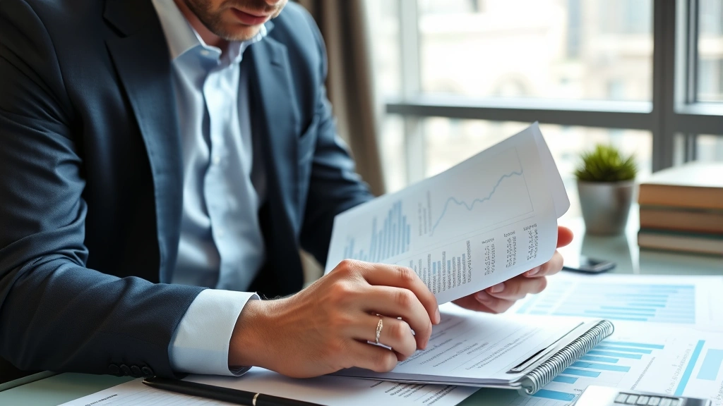 Professional mortgage broker reviewing interest rate documents with calculator and financial charts on desk, modern office setting, serious focused expression