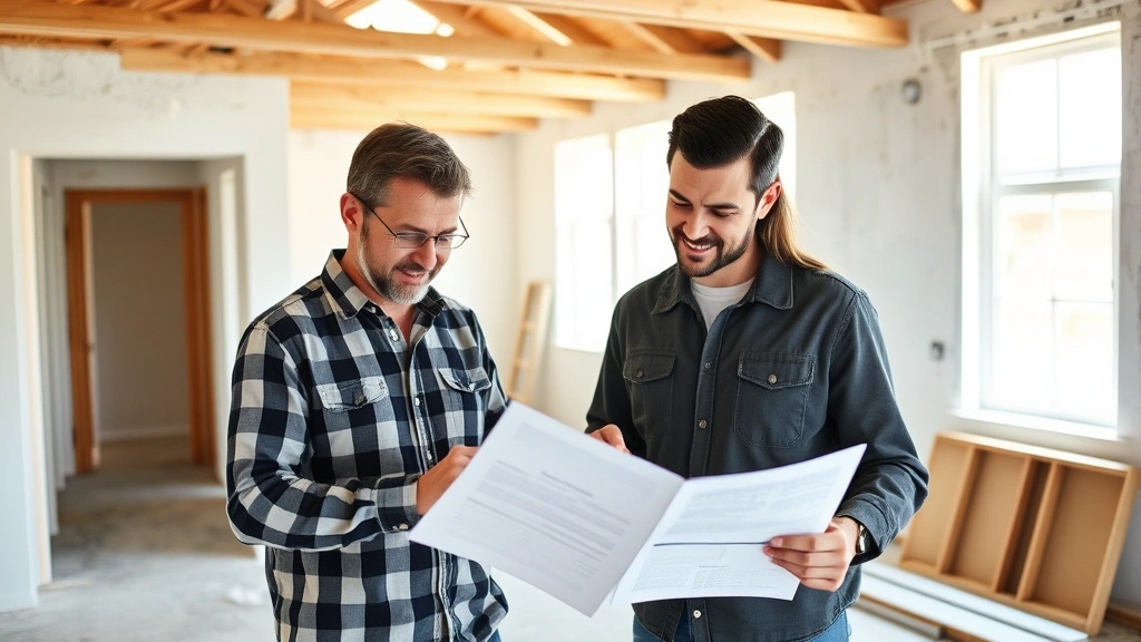 Couple reviewing home inspection report with inspector in vacant residential property, examining structural elements and taking notes, natural daylight
