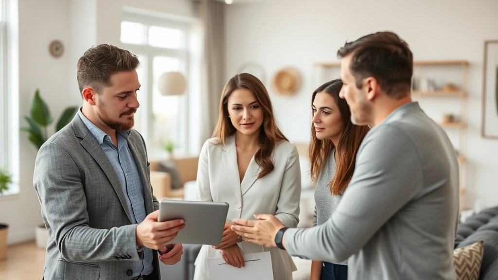 Real estate agent discussing appraisal results and property valuation on tablet with concerned buyers in contemporary home office, paperwork visible