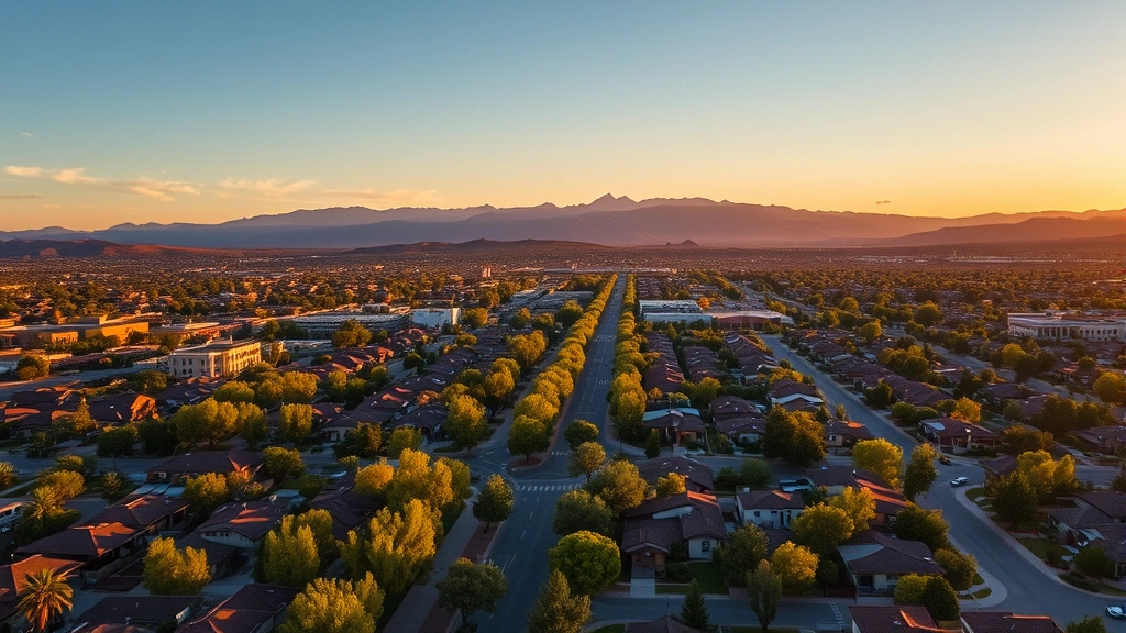 Aerial view of Albuquerque cityscape with Sandia Mountains in background during golden hour, showing residential neighborhoods with tree-lined streets and modern homes, professional real estate photography style