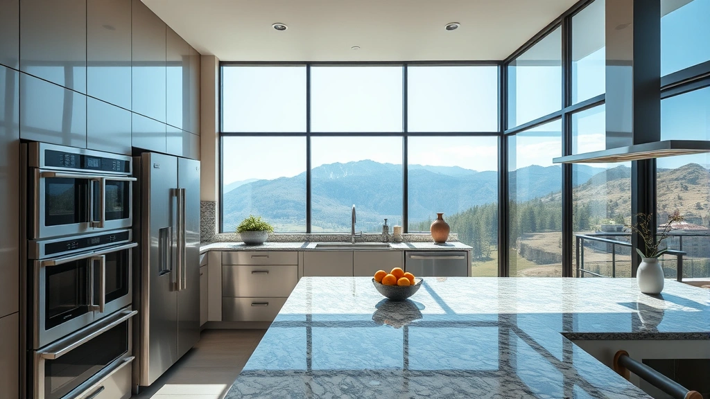 Interior of modern luxury home kitchen with stainless steel appliances, granite countertops, and large windows overlooking mountain landscape, bright natural lighting, contemporary design aesthetic