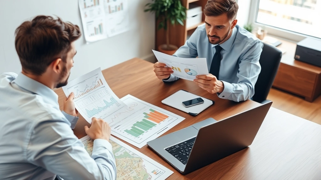 Real estate agents reviewing property documents and market analysis at office desk with laptop, charts, and neighborhood maps visible, professional business setting, focused discussion