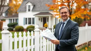 Professional realtor in business attire standing in front of charming Vermont farmhouse with white picket fence, autumn foliage visible in background, holding property listing documents