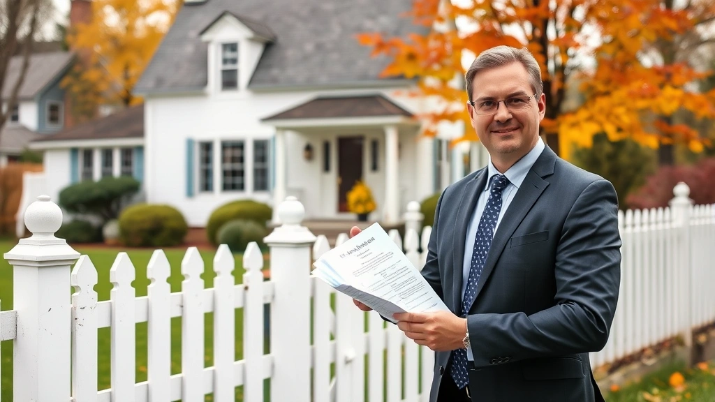 Professional realtor in business attire standing in front of charming Vermont farmhouse with white picket fence, autumn foliage visible in background, holding property listing documents