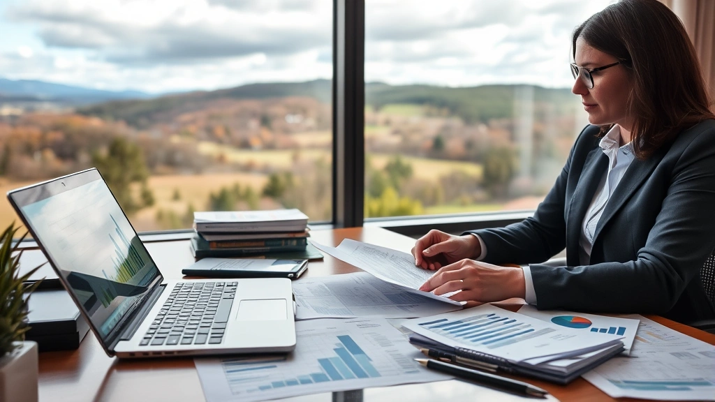 Professional realtor reviewing property documents and market analysis charts at office desk with Vermont landscape visible through window, financial papers and laptop visible
