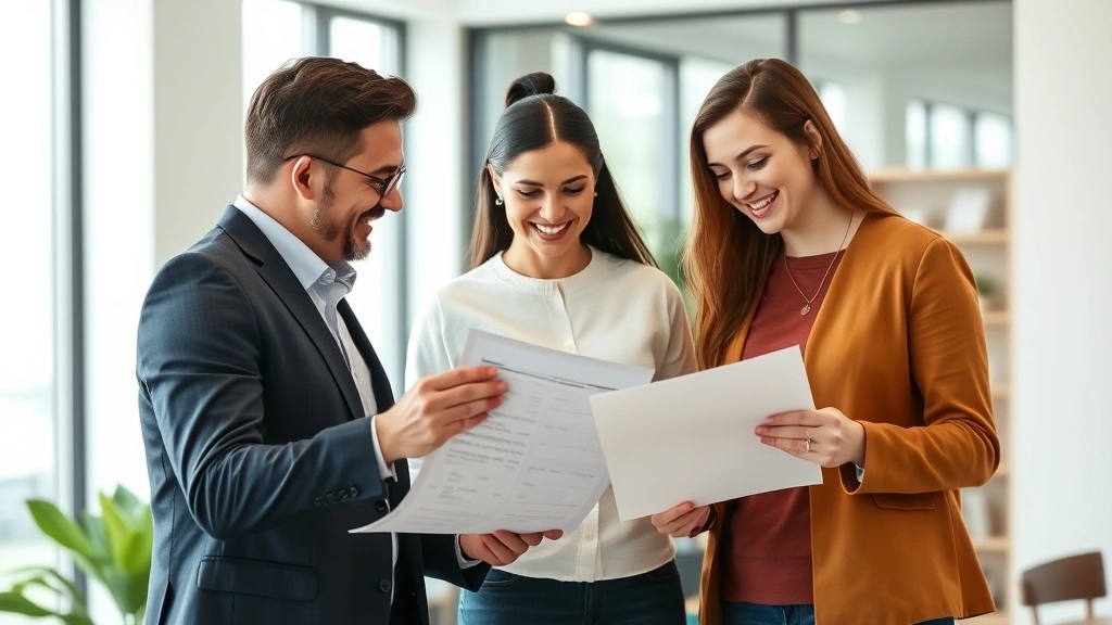 Young couple reviewing property details and financial documents with realtor in modern office setting, smiling and discussing home purchase options