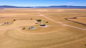 Aerial view of sprawling Wyoming ranch property with wide open grasslands, mountains in distant background, clear blue sky, professional real estate photography style, no text or signage visible