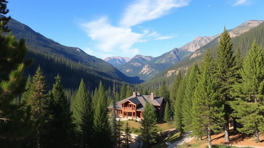 Mountain valley landscape with luxury home nestled among evergreen trees, scenic vista, professional real estate marketing photography, no signage or text, pristine property grounds, Jackson Hole style setting