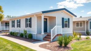 Modern manufactured home exterior with contemporary design, clean lines, and professional landscaping in sunny residential community setting