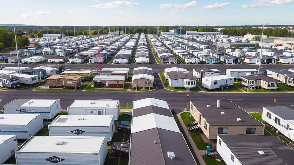 Dealership lot displaying multiple mobile homes in various sizes and styles, organized rows with clear pricing signage visible, professional and inviting atmosphere