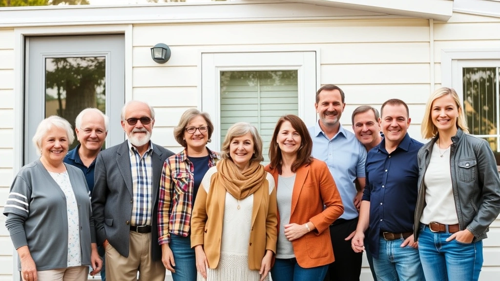 Diverse group of people of different ages standing outside mobile home, representing different buyer personas from retirees to young professionals, genuine smiles