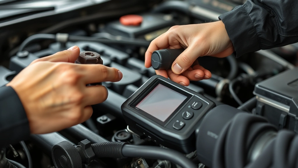 Detailed close-up of hands performing vehicle inspection, checking car engine components, fluids, and mechanical parts with professional diagnostic tools