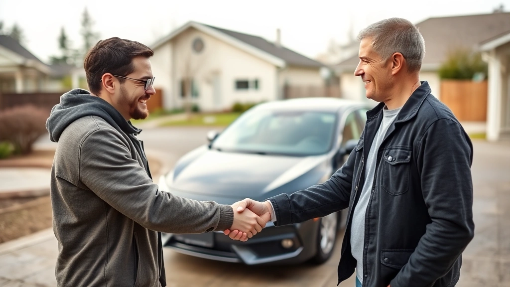 Confident buyer shaking hands with seller after successful car negotiation, both smiling in residential driveway with Honda Civic visible in background