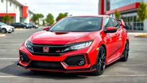 Professional photograph of red 2023 Honda Civic Type R parked at modern dealership lot, shot from three-quarter angle showing aggressive front bumper, functional hood vents, and distinctive rear wing aerodynamic elements, natural daylight, clean background