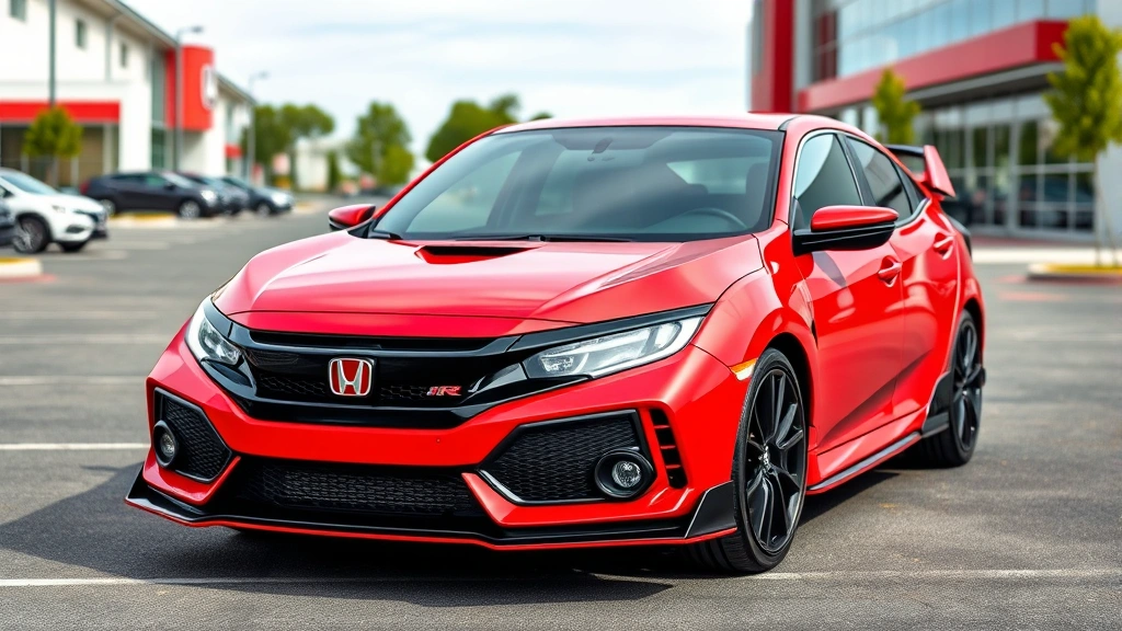 Professional photograph of red 2023 Honda Civic Type R parked at modern dealership lot, shot from three-quarter angle showing aggressive front bumper, functional hood vents, and distinctive rear wing aerodynamic elements, natural daylight, clean background