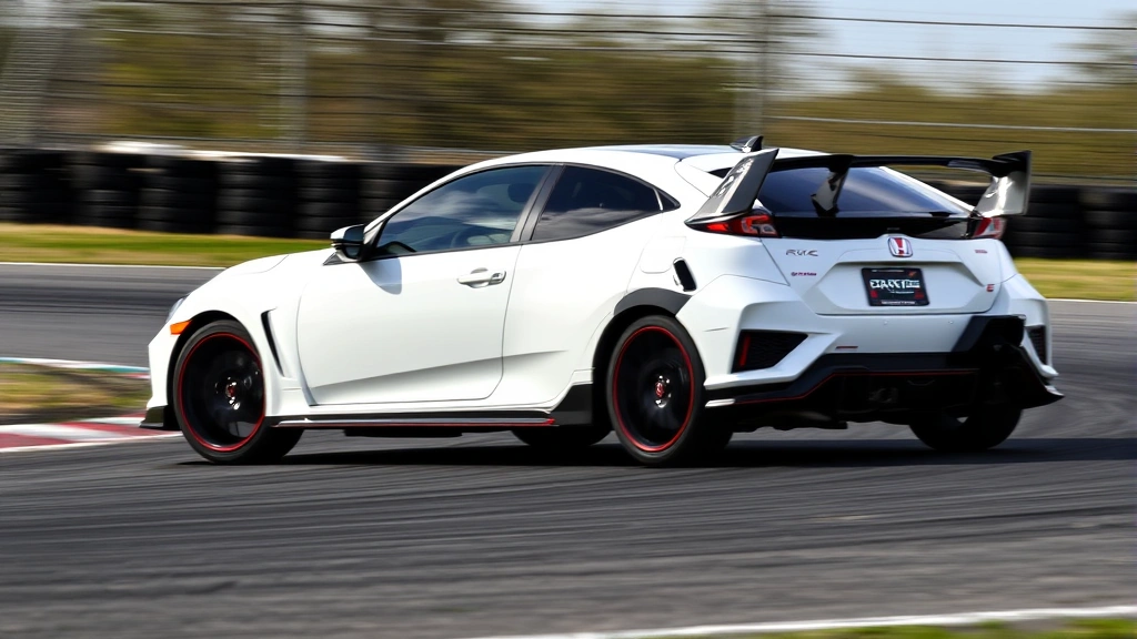 Dynamic action photograph of white Honda Civic Type R on closed track or road course, shot from side angle showing vehicle cornering with slight lean, demonstrating performance handling capabilities, blurred background suggesting motion, professional motorsport photography style
