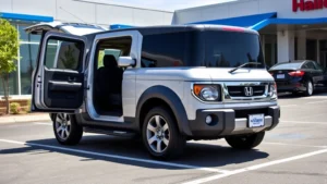 Professional automotive photography of a silver Honda Element parked in a sunny commercial lot, showing full side profile with open cargo doors, clean interior visible, modern dealership environment background, natural daylight