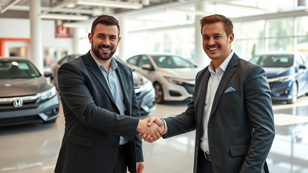 Professional automotive salesman and customer shaking hands in dealership showroom with Honda vehicles visible in background, natural lighting, confident body language, modern dealership interior