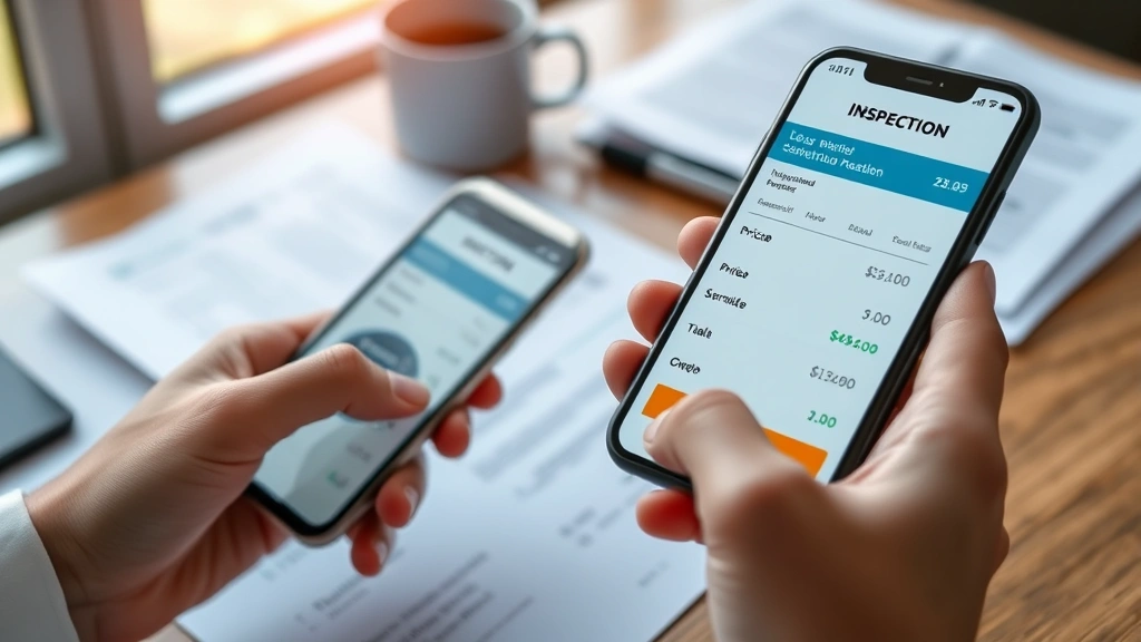 Close-up of hands holding vehicle inspection report and smartphone showing pricing comparison app, coffee cup on desk, documents spread out, natural daylight from window, focused analysis