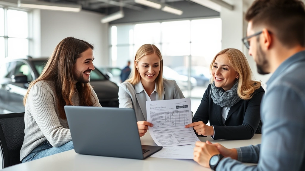 Young couple reviewing vehicle documents at dealership desk with sales consultant, laptop showing financing options, professional office setting, collaborative discussion atmosphere, natural lighting