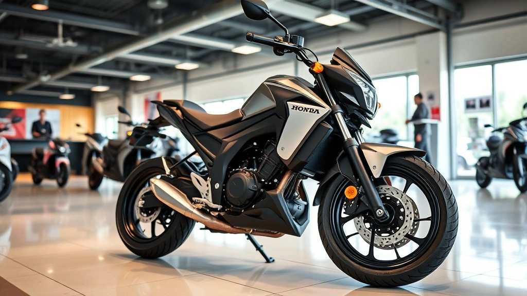 Professional motorcycle dealership showroom interior with modern Honda Grom displayed on polished floor, bright lighting, salesperson in background, clean professional environment, wide angle view