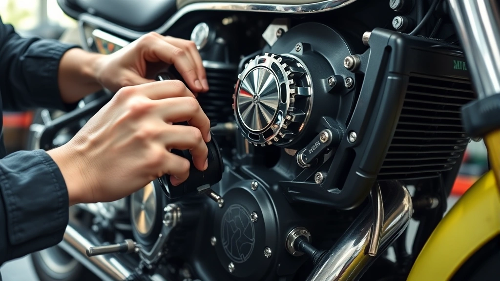 Close-up detail inspection of motorcycle engine components, mechanic hands examining parts, diagnostic tools visible, workshop setting, natural lighting on chrome and metal parts, focus on craftsmanship