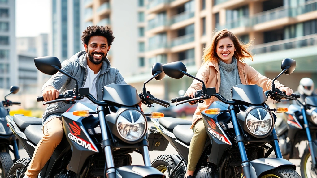 Young diverse riders smiling with Honda Grom motorcycles outdoors, sunny urban setting, motorcycles parked side by side, casual confident body language, modern city background