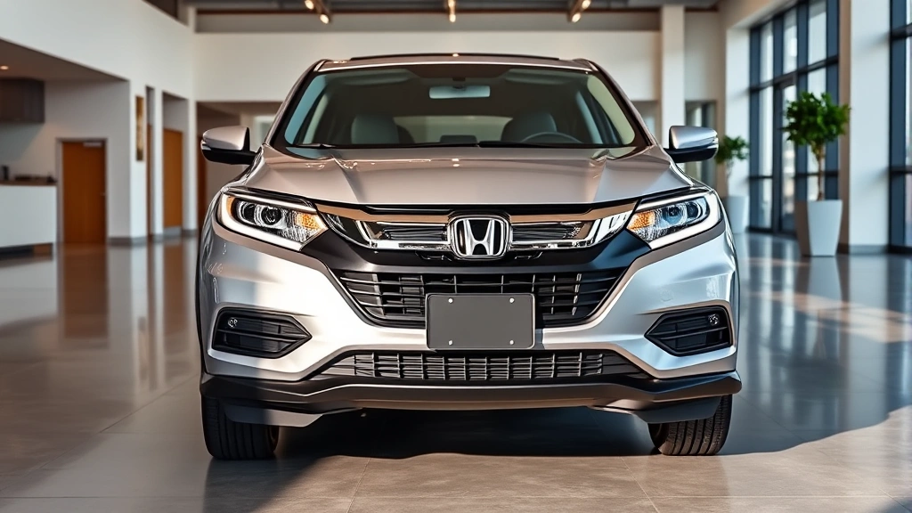 Professional photograph of a silver 2023 Honda HR-V parked in a modern dealership showroom with polished concrete floors and contemporary lighting, showing the vehicle's front three-quarter angle with clean, bright studio atmosphere