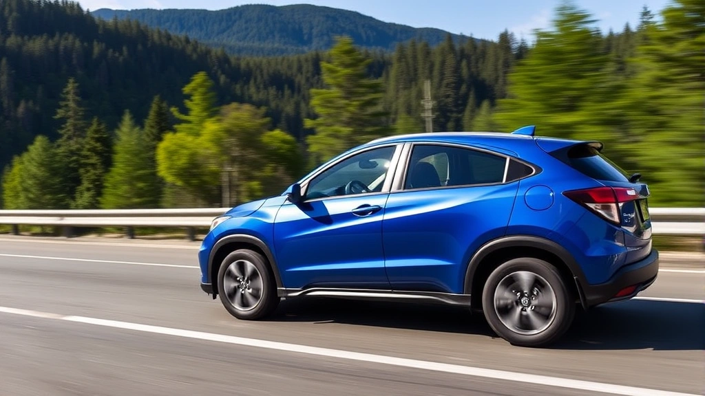 Side profile action shot of a blue Honda HR-V driving on a scenic mountain highway with green forests in background, demonstrating the vehicle's compact crossover stance and real-world driving capability in natural daylight