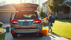 Professional photograph of a Honda Odyssey minivan parked in a suburban driveway with family loading shopping bags and sports equipment, bright daylight, modern neighborhood setting, photorealistic