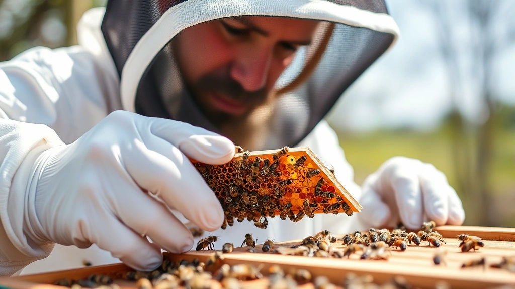Professional beekeeper in protective gear carefully examining a queen bee cell with worker bees on wooden frame in sunlit apiary setting