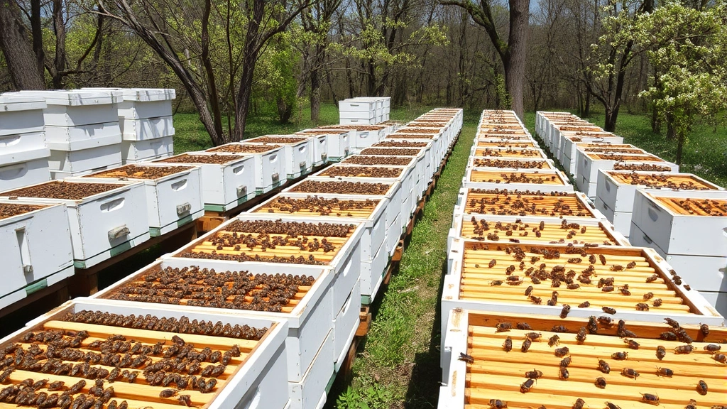 Organized honey bee breeding facility with multiple white hive boxes and rows of observation frames showing active bee colonies in spring