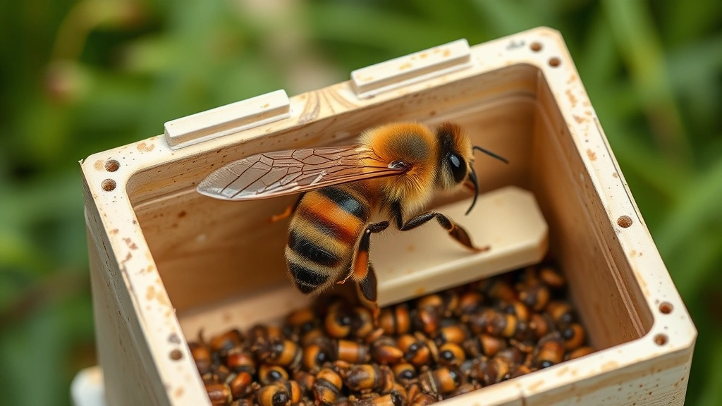 Packaged honey bee queen in specialized shipping container with ventilation holes and food supply ready for postal delivery to beekeeper
