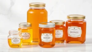 Professional display of premium glass honey jars with golden honey visible inside, featuring various sizes from small decorative 4oz to large 32oz containers arranged on a white marble surface with natural lighting