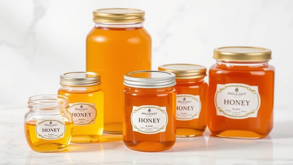 Professional display of premium glass honey jars with golden honey visible inside, featuring various sizes from small decorative 4oz to large 32oz containers arranged on a white marble surface with natural lighting