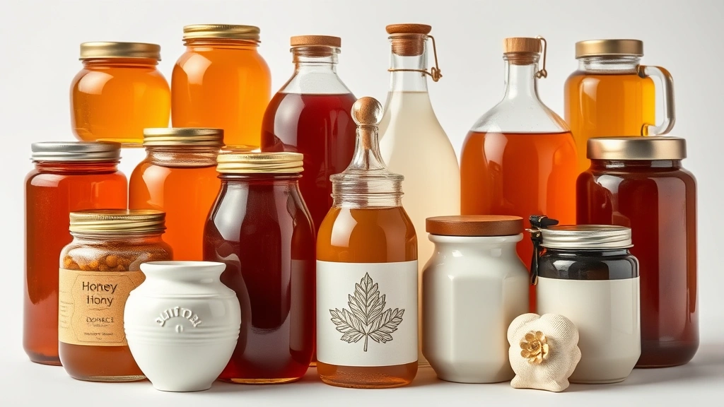 Close-up of diverse honey container types including amber glass jars with metal lids, clear plastic squeeze bottles, decorative ceramic crocks, and modern minimalist designs arranged in a product photography studio setting