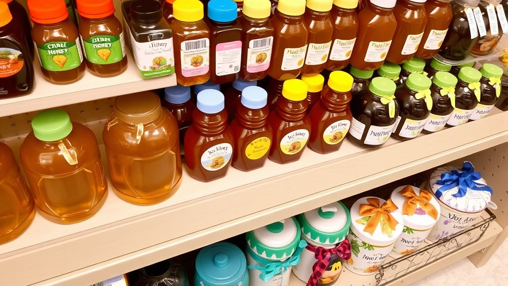 Overhead shot of an organized retail shelf stocked with multiple honey container varieties including glass jars, plastic bottles with different colored caps, squeeze bears, and decorative containers with branded labels and ribbons