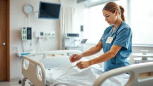 Professional nurse adjusting electric hospital bed controls in bright hospital room with patient comfort focus, modern medical equipment, clean clinical setting, professional healthcare environment