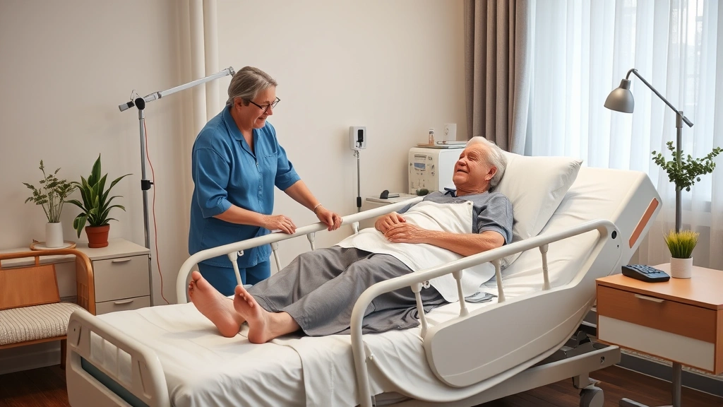 Diverse elderly patient sitting comfortably in adjustable electric hospital bed at home with caregiver nearby, home care environment, comfortable bedroom setting, modern medical furniture integration