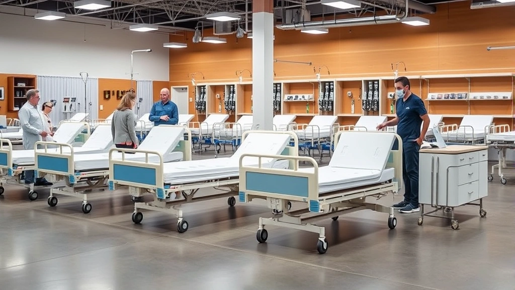 Medical supply store showroom displaying multiple hospital bed models side by side, different bed types and styles, retail environment, customers examining equipment, professional healthcare retail space