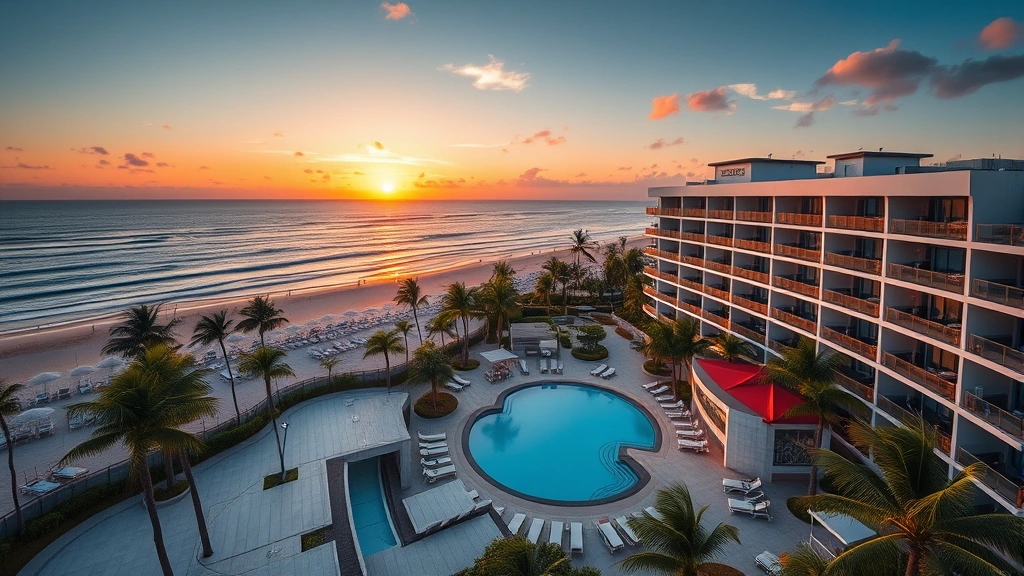 Aerial view of modern beachfront luxury hotel resort with pool deck overlooking ocean, palm trees, and coastal landscape at sunset, photorealistic commercial real estate perspective
