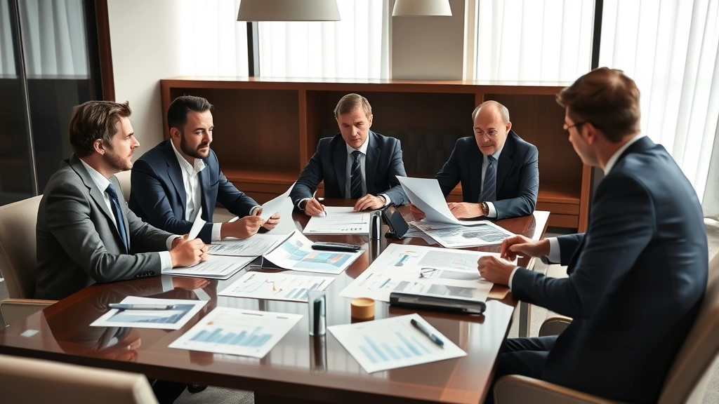 Professional business meeting in modern hotel conference room with investors reviewing property documents, market analysis charts, and financial reports on table, natural lighting