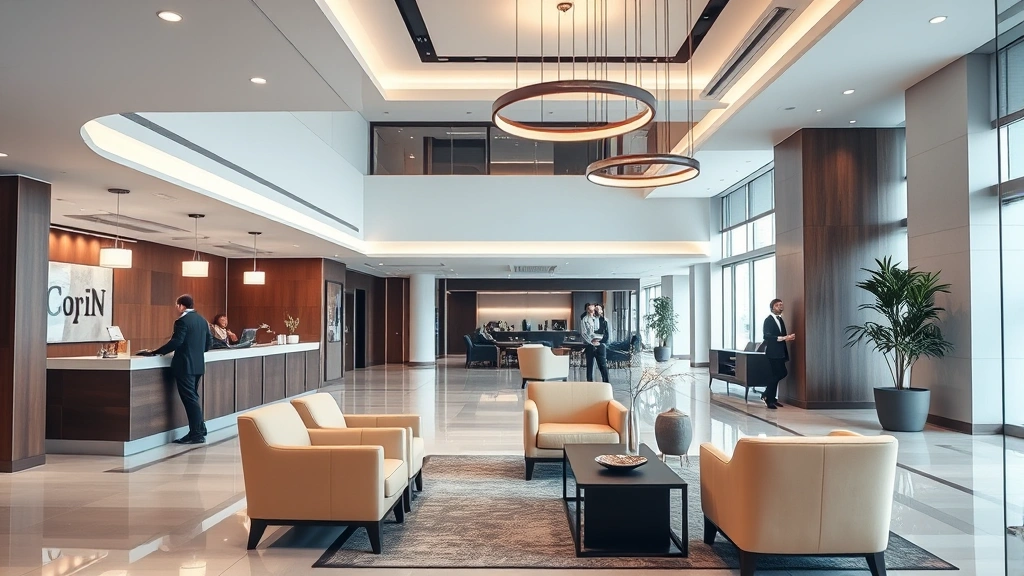 Interior shot of contemporary hotel lobby featuring check-in desk, comfortable seating areas, modern lighting fixtures, and professional hospitality staff assisting guests